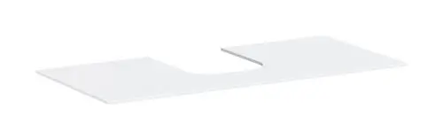 Weiße Konsolenplatte von Hansgrohe mit mittigem Ausschnitt, geeignet für einen Aufsatzwaschtisch. Die Oberfläche ist geschliffen und bietet eine klare Form.